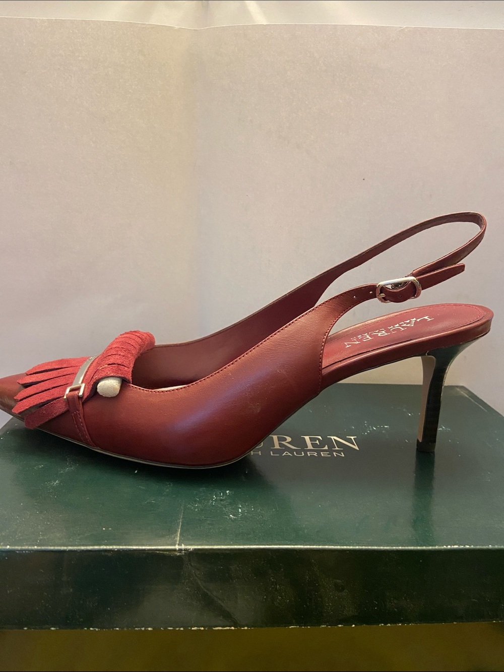 NWT Lauren Ralph Lauren Burgundy Fringed Slingback Kitten Heel size 9.5